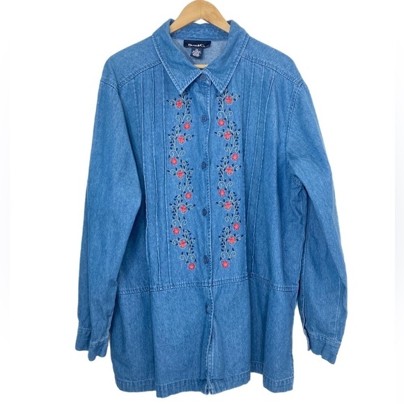 Denim&Co Tops - Denim & Co floral embroidery long sleeve denim shirt jacket shacket